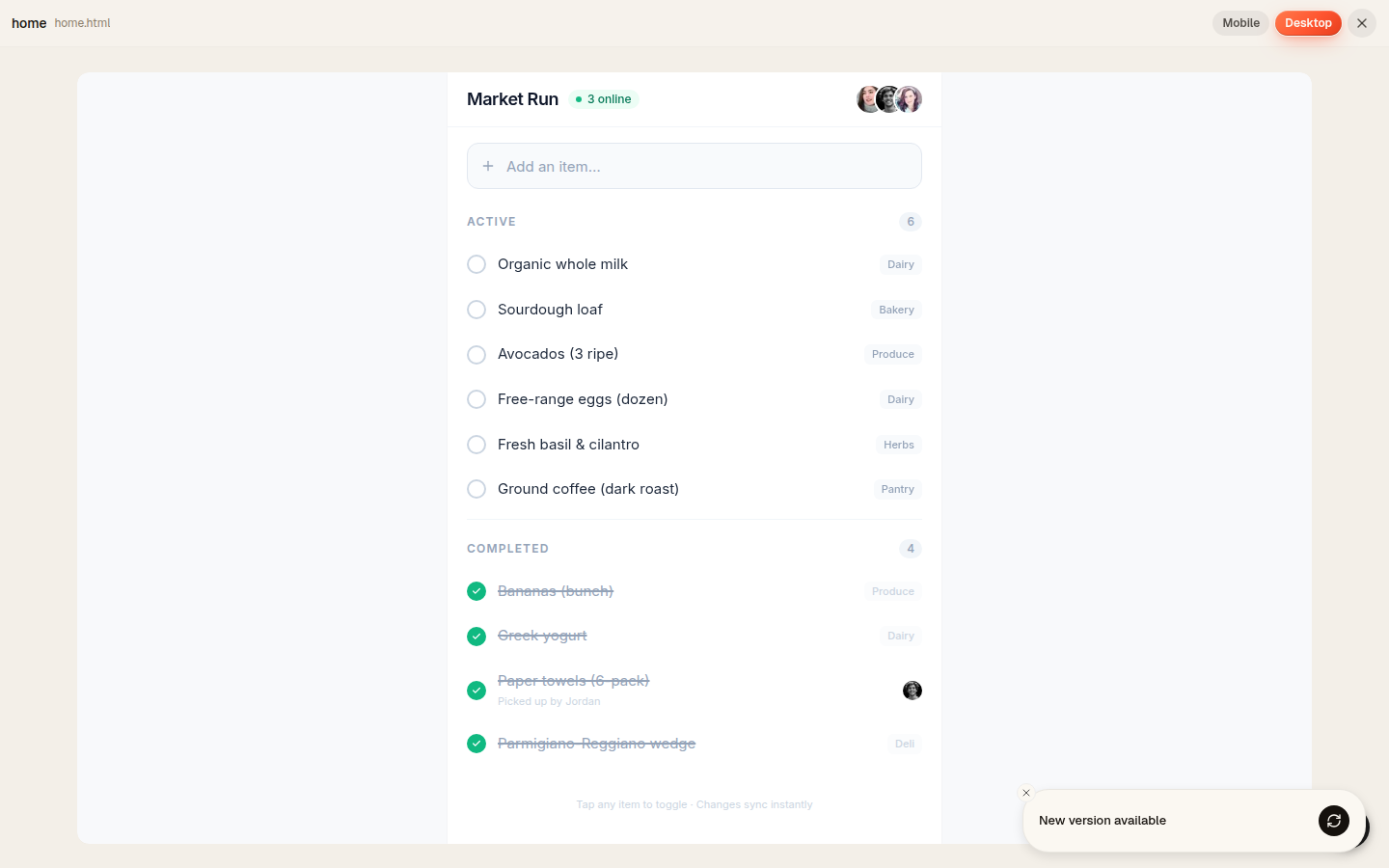 A "Market Run" shared shopping list built on omg.dev, showing three users online together with items syncing live across everyone's screens